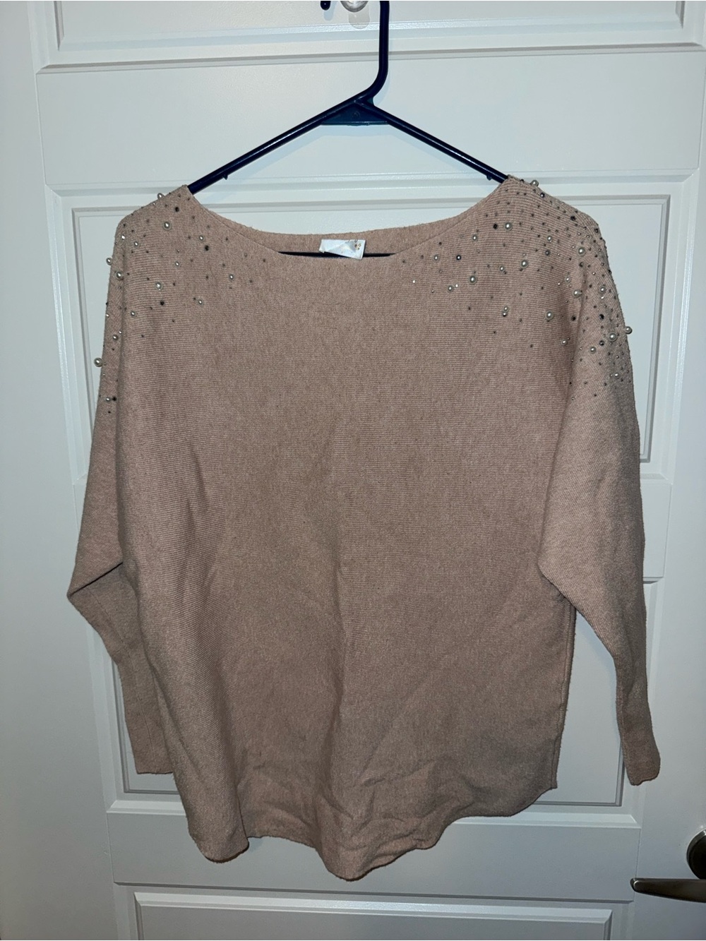 Siren Lily Beaded Shoulder Crewneck Sweater - Taupe